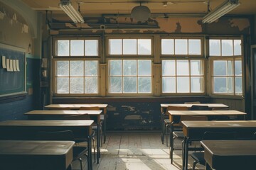 Poster - An empty classroom with desks neatly arranged facing a chalkboard in the front, The emptiness of a quiet classroom with no students in sight