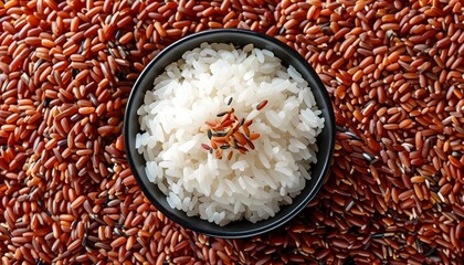 Wall Mural - Nutritious red rice close-up against textured background, showcasing dietary benefits in a top view perspective