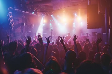 Poster - A man standing in front of a large group of people, giving a lecture in a packed lecture hall, The energy in the room is electric, as everyone is swept up in the euphoria of live music