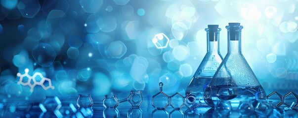 Scientific flask with chemical liquid, set against a futuristic blue bokeh background. Free copy space for text.
