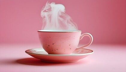 Wall Mural - Cozy pink cup with steaming beverage on a soft pink backdrop