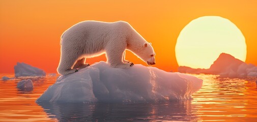 A polar bear stands on an iceberg during a vibrant sunset, surrounded by calm waters, highlighting the serene beauty of Arctic landscapes.