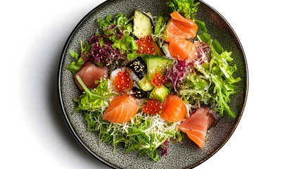 Wall Mural - Fresh salmon sashimi salad with mixed greens and vegetables