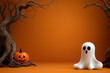 © SnapVault - A playful ghost and a carved pumpkin sit between two twisted, spooky trees.Orange backdrop adds a festive and eerie feel to the Halloween scene,for decorating greeting cards or Halloween invitations