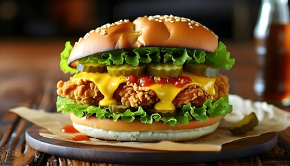 Wall Mural - Nashville-style deep-fried chicken sandwich served on a potato bun with fresh lettuce, creamy mayo, and tangy pickles