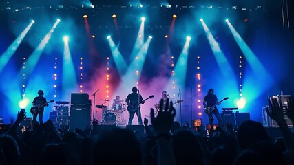Poster - This lively band plays on stage as colorful lights illuminate the night while fans cheer and enjoy.