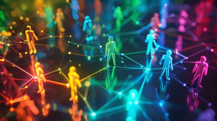 Poster - People are interconnected within a vibrant digital network that is illuminated by colorful and dynamic lights