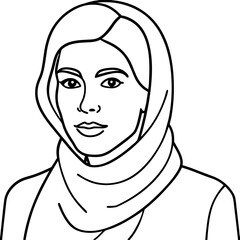 A woman wearing a scarf is drawn in black and white. The scarf is draped over her head and neck, and it is long enough to cover her shoulders. The woman's face is drawn with a serious expression