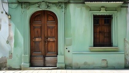 Wall Mural - Charming pale green wooden door with vintage design elements