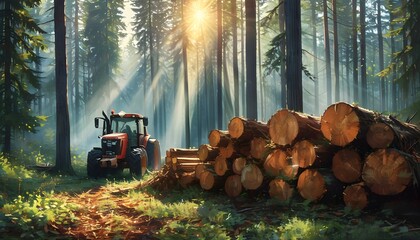 Morning light illuminating stacked logs in a forest, with a tractor in the background, showcasing the harmony of nature and the dedication of forestry work