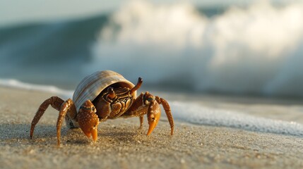 Wall Mural - A small crab with a brown shell walks on a sandy beach with foamy waves in the background.