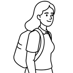 Wall Mural - A woman is walking with a backpack on. She is smiling and she is happy. Concept of positivity and adventure, as the woman is likely on her way to school or work, or perhaps exploring a new place