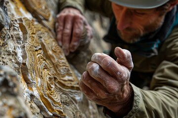 Poster - Detailed close-up of a structure composed of interconnected metal pipes, The intricate patterns of the rocks surface are highlighted by the climbers nimble fingers seeking purchase