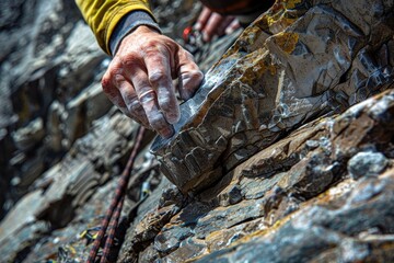Poster - Large Clock Mounted on Side of Building, The intricate patterns of the rocks surface are highlighted by the climbers nimble fingers seeking purchase