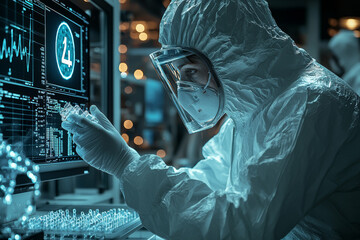 Poster - A scientist in a protective suit handling samples in a biosafety level 4 lab. Concept of high-security research environments.