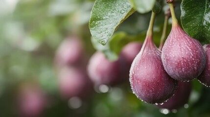 Wall Mural - A cluster of purple figs hanging from a tree branch, covered in moisture, highlighting the fruit’s freshness, natural beauty, and the lush environment it grows in.