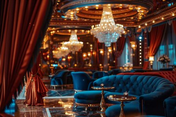 Poster - Detailed view of a clock with visible gears inside on a luxurious cruise ship interior, The luxurious and opulent interior of a cruise ship, complete with chandeliers and velvet drapes