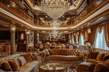 Poster - Detailed view of a machine with visible gears and mechanical components, The luxurious and opulent interior of a cruise ship, complete with chandeliers and velvet drapes