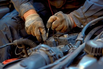 Poster - a man is meticulously adjusting the spark plugs in a car engine, the mechanic adjusting the spark pl