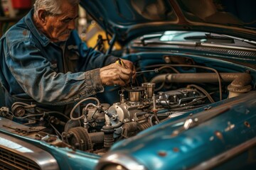 Poster - A close up of a person adjusting the spark plugs in a car engine, The mechanic adjusting the spark plugs in the engine