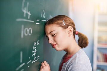Aufkleber - Child, blackboard and girl in classroom, frustrated and stress with thinking, depression and anxiety. School, student and kid with autism, learning and lazy with mistake, sad and emotion with anger