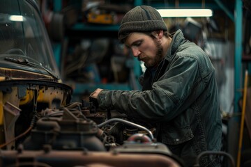 Poster - A man diligently works on a car engine in a garage, diagnosing a potential issue, The mechanic diagnosing a potential issue with the engine's cylinders