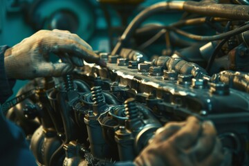 Poster - A mechanic is diagnosing and repairing an issue with the engine in a car, The mechanic diagnosing a potential issue with the engine's cylinders
