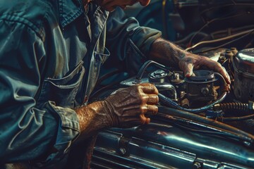 Poster - A man diligently examines and repairs a car engine in a workshop setting, The mechanic diagnosing a potential issue with the engine's cylinders