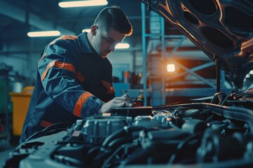 Poster - A man is using a wrench to work on a car engine, The mechanic testing the battery of the car engine