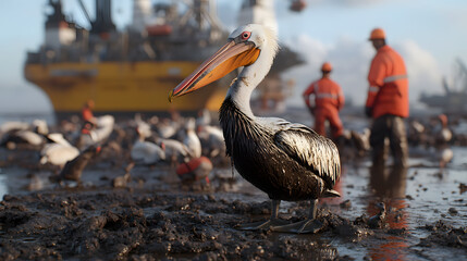 Many Pelicans Standing bogged down in an oil spill
 | Wildlife and Environmental Contrast