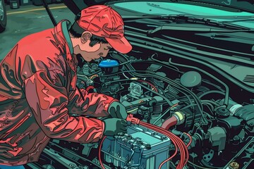 Poster - A person in black and white is working on a piece of metal, testing the battery of a car engine, The mechanic testing the battery of the car engine