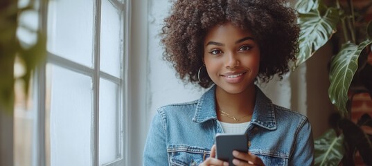 Canvas Print - Smiling Woman Using Smartphone Near Window