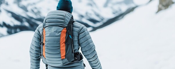detailed shot of a high-performance trekking jacket, snow-covered landscape, hiking trail gear, weat