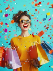 Wall Mural - Joyful happy Woman Shopping. Shopping bags and confetti on a studio background. Concept of Shopping, Retail, Sale, Black Friday or Cyber Monday.