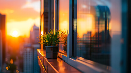 a close-up view of a building’s exterior with reflective glass windows, capturing the warm glow of a sunset