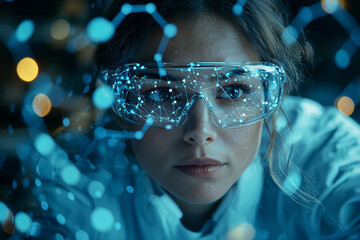 Poster - A chemist using AI to predict molecular structures. Concept of artificial intelligence in chemical research.