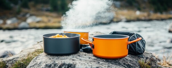 Lightweight, collapsible cooking gear set up on a rock by a riverbank, steam rising, hiking trail gear, gourmet meals in the wild