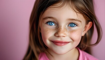 Wall Mural - Smiling little girl with blue eyes and freckles in a pink shirt against a vibrant pink background