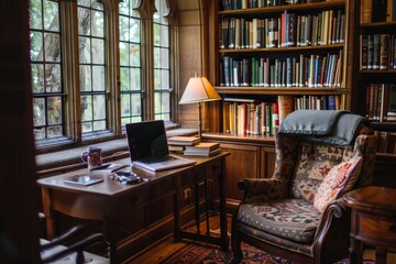 Wall Mural - A contemporary study room furnished with a desk, chair, bookshelf, and laptop for academic or work purposes, The serenity of a quiet study nook in the library