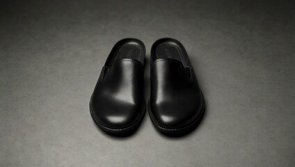 Simple black leather slippers on a white background.