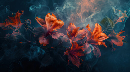 Wall Mural - A close up of a blazing flower with a blue background.