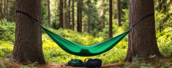 scenic shot of a hammock set up between two towering pines, hiking trail gear, resting in nature