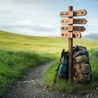 © Photo18@desing - Shot of a trail signpost with multiple directions, hiking gear leaning against, hiking trail gear, finding the way