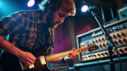 Poster - This musician passionately plays guitar during a live performance at a small venue.