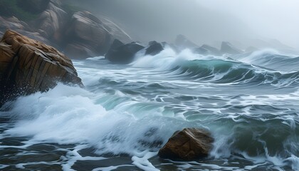 dynamic ocean waves crashing on rugged rocks creating a misty spray