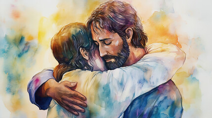 Wall Mural - watercolor painting of Jesus embracing a person in need	