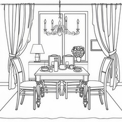 coloring page, cartoon style, black and white, a dinning room, simple shapes