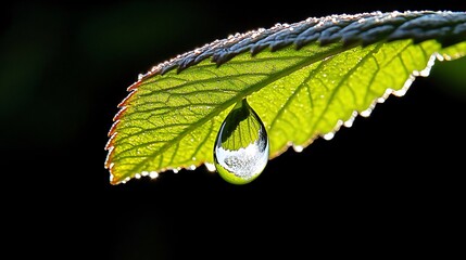 Wall Mural - A single dew drop hangs from a green leaf, with the sun reflecting off its surface. The leaf is surrounded by darkness, creating a dramatic contrast.