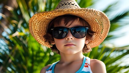 Wall Mural - Playful child in a straw hat and sunglasses beside a palm tree, evoking tropical vibes and carefree summer moments