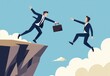 © wanavit - Two businessmen leap towards each other across a cliff, symbolizing teamwork, collaboration, and risk-taking in a professional context.